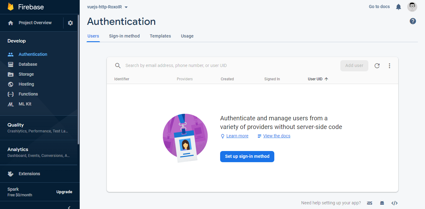 مراجعه به قسمت authentication در firebase