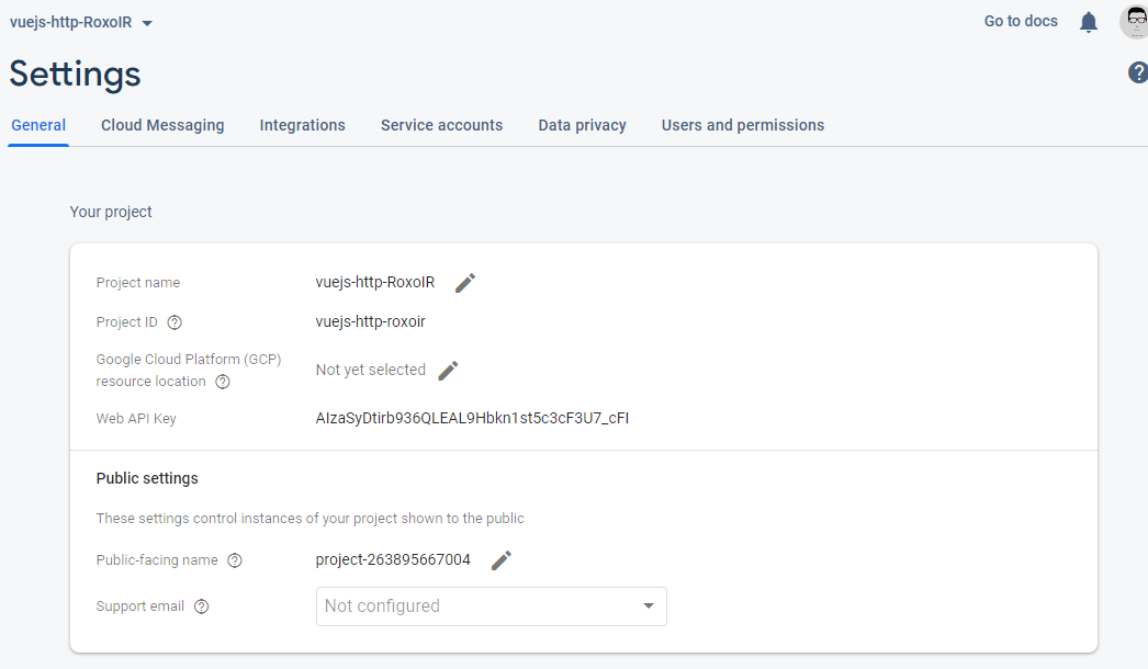 دریافت Web API Key از قسمت settings در Firebase