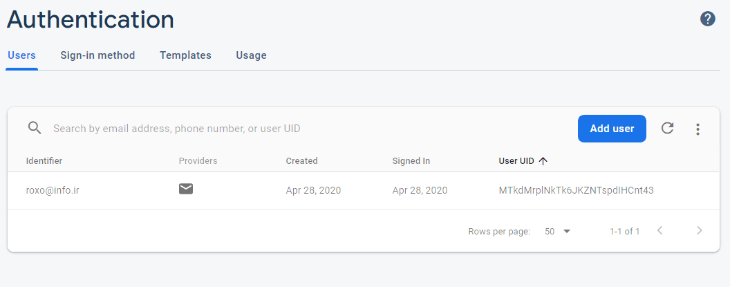 کاربر جدید و ثبت نام شده ی ما در قسمت users نمایش داده می شود (این قسمت یک پایگاه داده ی جدا از پایگاه داده ی ما است)