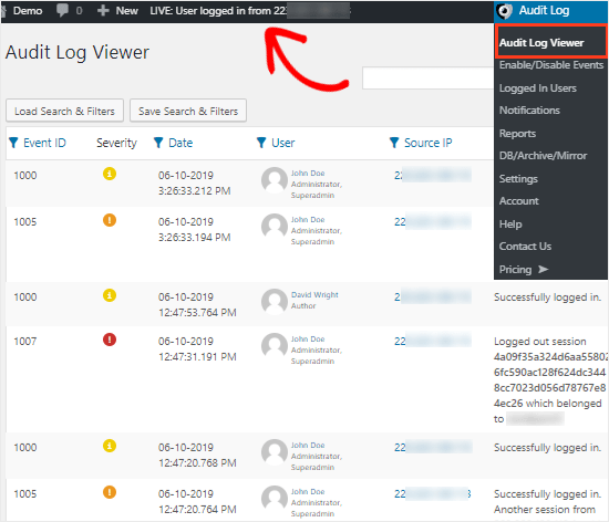 لیست های افزونه ی WordPress Security Audit Log