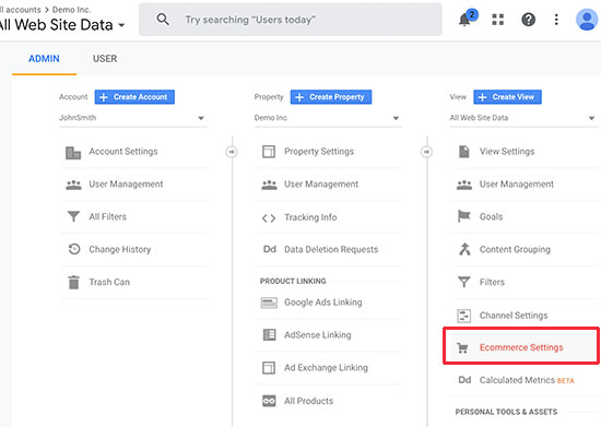 گزینه ی Ecommerce settings در گوگل انالیتیکس - Conversion Tracking