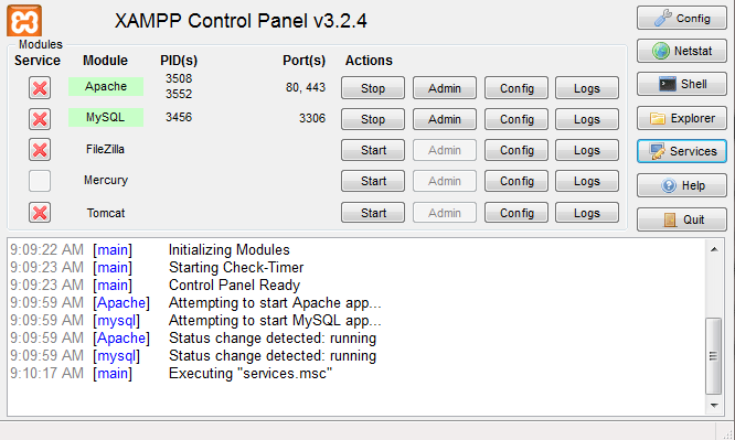 کنترل پنل XAMPP و فعال کردن Apache و MySQL